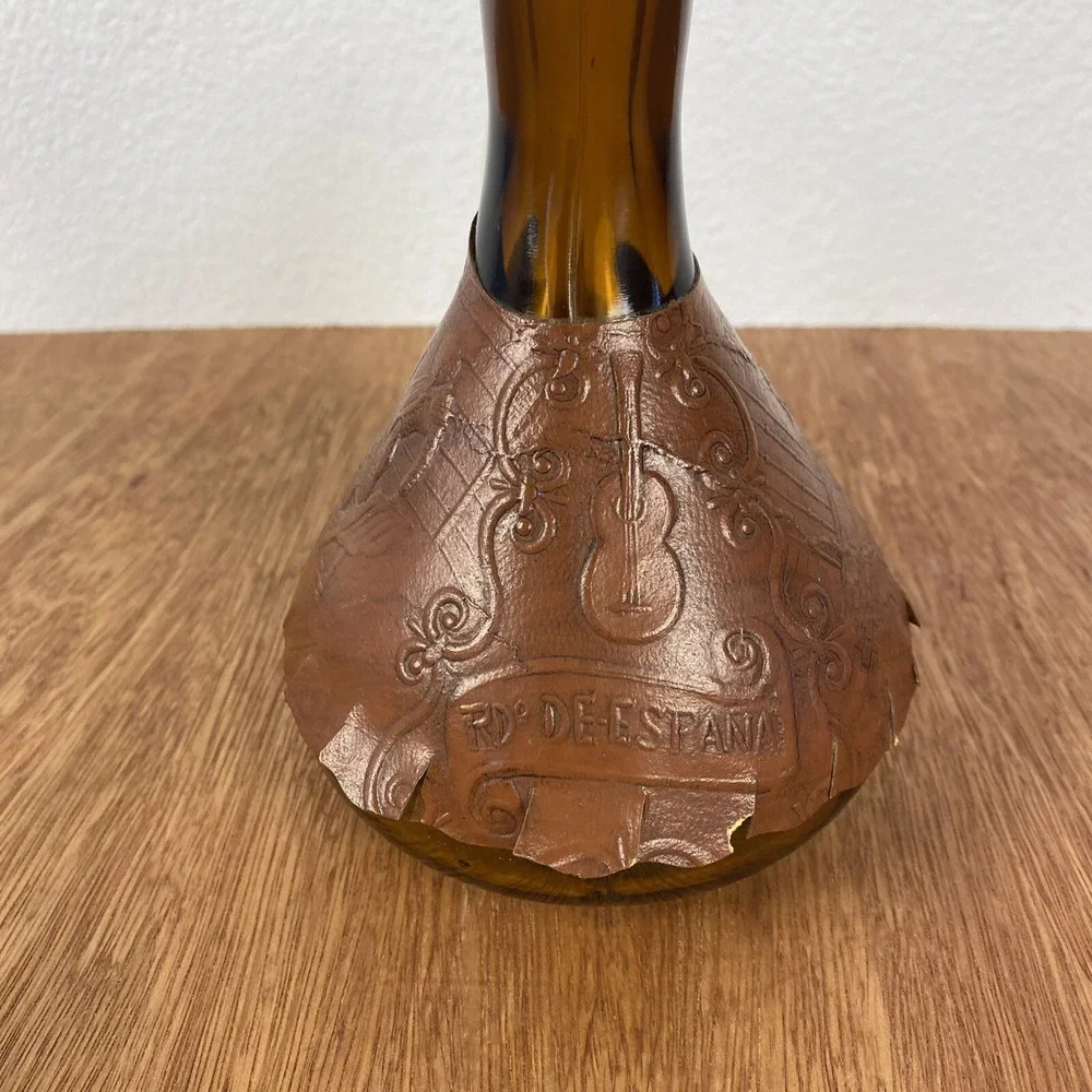 Vintage Spanish Amber Glass Porron Wine Decanter Leather Wrapped Recuerdo Espana